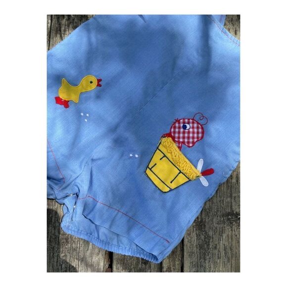 Vintage Hand Made Bubble Romper Shortalls Chambray Baby Chic Applique Unisex - Picture 6 of 6